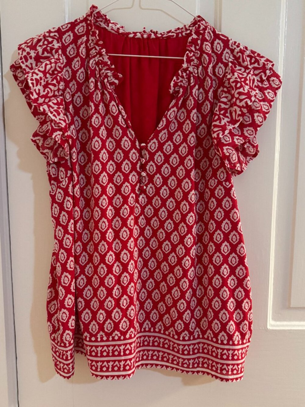 Ruffled Red and White Top with Buttons, Size Medium